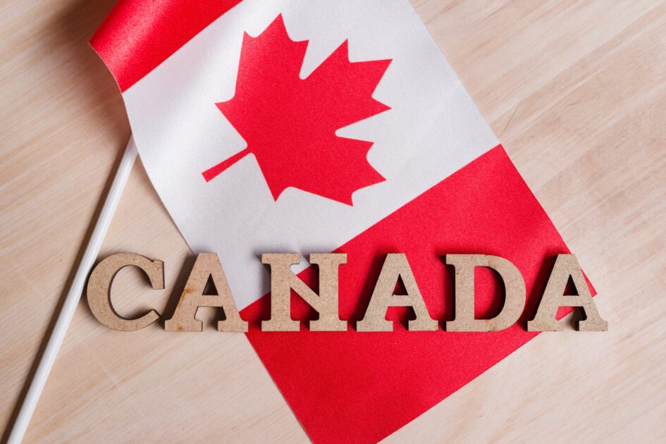 Flag of Canada, the word Canada in wooden abstract letters